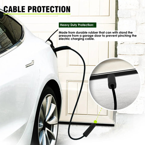 EV Cable Protector Pass Through for Garage Door Heavy Duty Rubber Guard 19mm Inner Diameter Weather Resistant for Tesla and Most EV Cables Durable Cable Shield to Prevent Door Damage 1 Pack in use with white car.