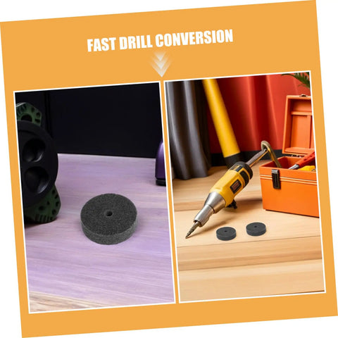 6pcs Nylon Buffing Wheels For Bench Grinders, 75mm Diameter With 10mm Hole, showing left buffing wheel and right drill setup.