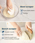 Bowl scraper on dough and bench scraper dividing dough, part of All-In-One Sourdough Starter Kit With Silicone Proofing Baskets And Jar.