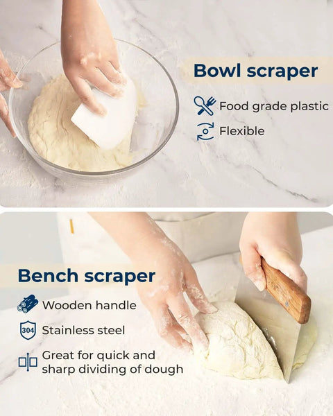 Bowl scraper on dough and bench scraper dividing dough, part of All-In-One Sourdough Starter Kit With Silicone Proofing Baskets And Jar.