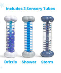 Calming Rain Sensory Tubes For Kids, set of 3 rain sound fidget toys, labeled drizzle, shower, storm, for mindfulness activities.