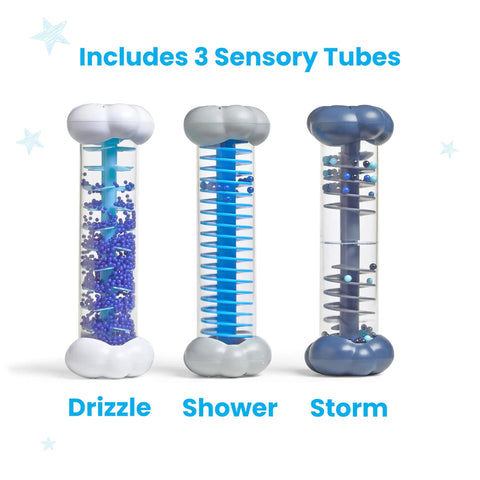 Calming Rain Sensory Tubes For Kids, set of 3 rain sound fidget toys, labeled drizzle, shower, storm, for mindfulness activities.
