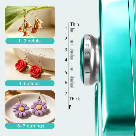 Heavy Duty Electric Polymer Clay Press Machine with Seven Adjustable Thickness Settings for earring designs and settings.