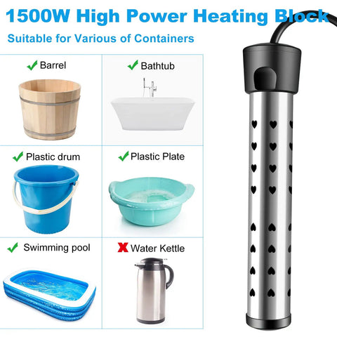 High Power 1500W Immersion Water Heater That Heats Five Gallons Fast In Minutes With A Stainless Steel Guard Cover And Easy Switch