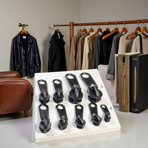 6 Pack Black Zipper Sliders Pullers Repair Kit For Coats Jackets And Luggage Instant Fix Zipper Set displayed with clothing rack