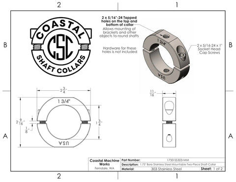 Diagram of Two Piece Clamping Shaft Collar 1.75 Bore, Mountable Flats With Tapped Holes, 303 Stainless Steel