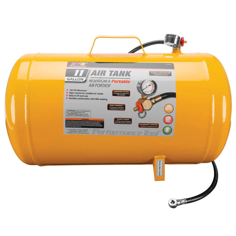 Hi-Viz 11-Gallon Horizontal Portable Air Tank With Tire Air Chuck, Safety Bypass Valve, Easy-Transport Handle, On Off Dial, Pressure Gauge Up To 125 PSI