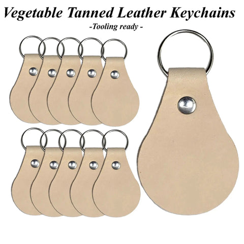 Fresh Veg Tan Leather Key Fobs In A Ten Pack With Pre Assembled Hardware ready for customization, featuring round and tear-drop shapes.