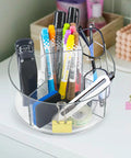 360 Degree Rotating Makeup Organizer For Vanity And Countertop, clear Lazy Susan style, holding various office supplies on desk