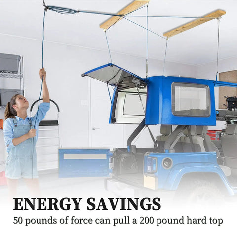 Heavy Duty Jeep Wrangler Hard Top Removal Lift Hoist With Self Levelling Design And Safety Anti-Drop Feature For Easy Roof Access And Secure Lifting Up To Two Hundred Pounds, shown being operated with minimal force.