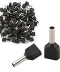 Twin 16 AWG Wire Ferrules In Black TE1508 Pin Terminal, Dual Wire Design For Daisy Chaining And Parallel Wiring, 8mm Pin Length, Bulk Pack For Quick Secure Terminal Block Connections shown with loose ferrules