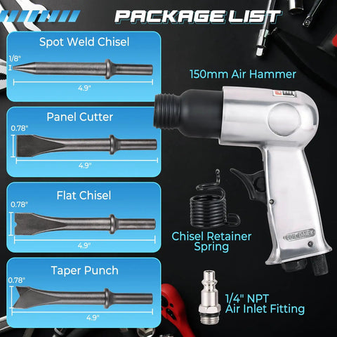 150mm Air Hammer Kit With Four Chisels Pneumatic Chisel Set 4500 BPM Power Heavy Duty Aluminum Body Tools