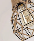 Close-up of Rustic Industrial Woven Pendant Light With Hemp Rope Cage showing bulb and black metal frame detail