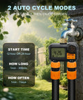 Water Timer For Garden Hose Two Outlet Sprinkler System With Brass Swivel attached to outdoor faucet with digital display.