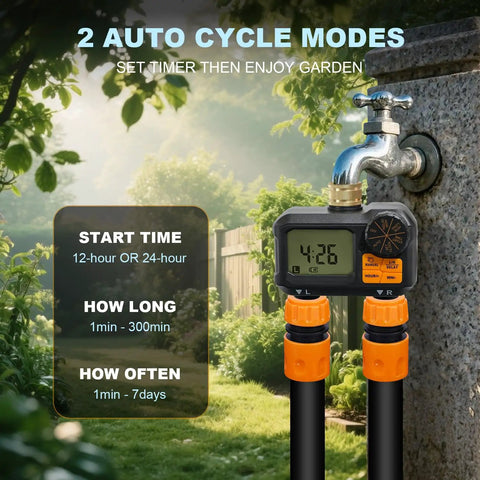 Water Timer For Garden Hose Two Outlet Sprinkler System With Brass Swivel attached to outdoor faucet with digital display.