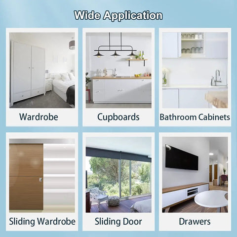 Various home locations showing installation of No Drill Adhesive Magnetic Door Catch Set 17lb Holding Force For Kitchen Cabinets Cupboards And Drawers Self Stick Stainless Steel Latch 4 Pack Silver Damage Free Mounting.