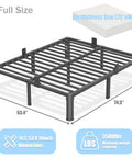 Full Size Metal Platform Bed Frame Standing 14 Inches Tall With Reinforced Steel Slats Built Legit Heavy Duty Crushing Up To 3500 lbs dimensions 74.5x53.4 inches.