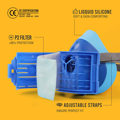 Side view of Reusable Half Face Respirator Mask With 6 Filter Pads 2818 Food Grade Silicone Dust Mask For Painting Cleaning Sanding Blue