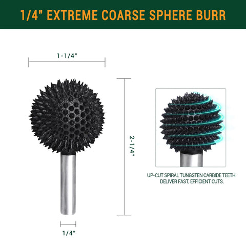 Coarse Sphere Rotary Burr For Wood Carving, Quarter Inch Shaft, Ball End Rasp Bit, One And One Quarter Inch Head Diameter, Heavy Duty Tungsten Carbide