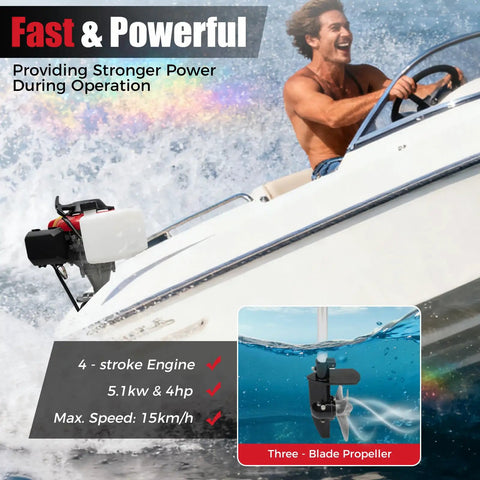 Person enjoying speed on watercraft with 4 Stroke 53.2cc Outboard Motor With Air Cooling Hand Start Gasoline Engine.