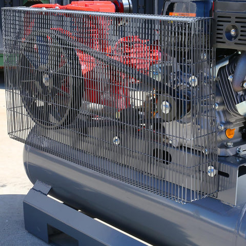 Side view of 13.0HP Horizontal Gas Powered 30 Gallon Tank Air Compressor with 3 Cylinder Engine for service truck mounts