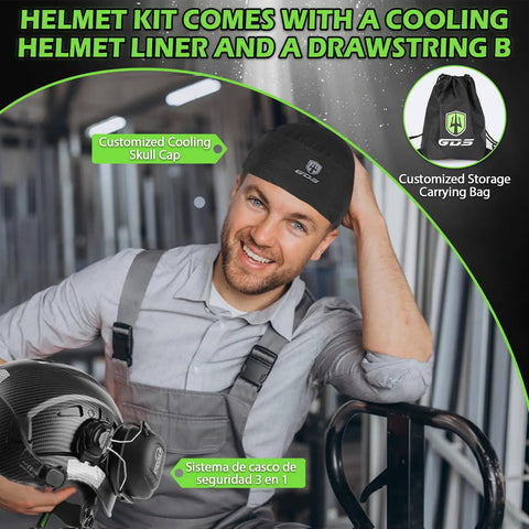 Heavy Duty Vented Hard Hat With Bluetooth Earmuffs And Drop Front Visor For Crews ANSI Z89 1 Certified Safety Helmet and cooling skull cap.