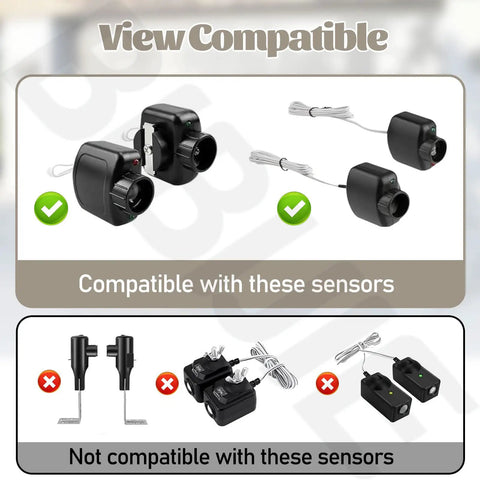Two Pack Garage Door Sensor Sun Shield Covers For HAE00002 LDO33 LDO50 LSO50 Keep Your Sensors Safe From Sunlight, Heat, Rain, And Weather For Stable Signals And Fewer False Triggers, showing compatible and non-compatible sensors.