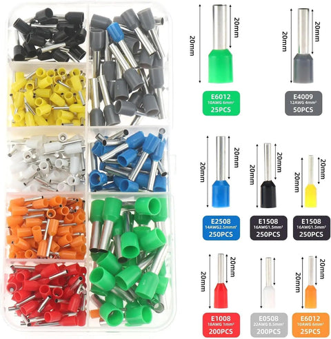 Complete Ferrule Crimp Kit With Insulated Copper Terminals And Wire Connectors, 0.5-10mm2, 22-7 AWG, multiple colors