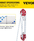 Twin Sheave Block and Tackle Kit with Half Inch Rope, 200 Feet, details showing braided rope and red double pulleys