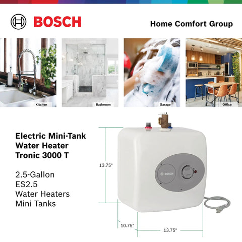 Electric Mini-Tank Water Heater Tronic 3000 T 2.5 Gallon ES2.5 with dimensions and installation examples kitchen, bathroom, garage, office.