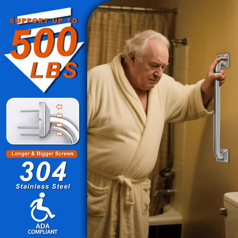 Elderly man using 12 Inch Stainless Steel Bathroom Grab Bar Handrail For Shower And Toilet ADA Compliant Up To 500 Lbs Safe Support
