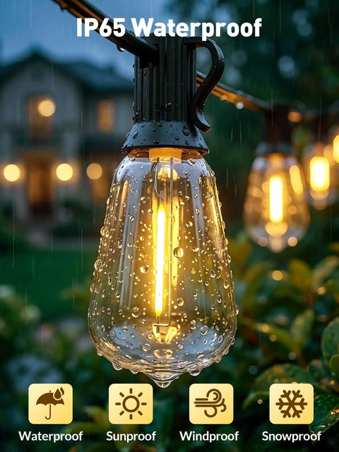 Close-up of IP65 waterproof LED Edison bulb on 65 Foot Solar String Lights Outdoor Waterproof LED Edison Bulb With Remote For Patio