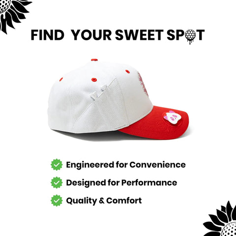 Side view of Dope Custom Golf Hat With Tee Holder And Ball Marker, Bill Magnet, Sweat Stain Resistant, 2XL Fit, white-red bullseye style.