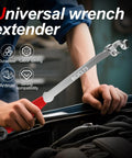Mechanic using Extra Long Wrench Extension Bar for Maximum Leverage 16 Inch Universal Torque Adaptor in garage setting
