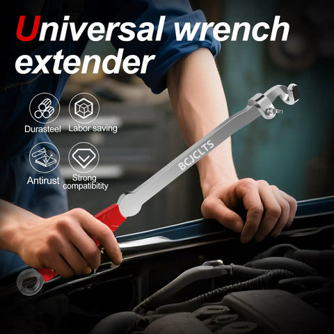 Mechanic using Extra Long Wrench Extension Bar for Maximum Leverage 16 Inch Universal Torque Adaptor in garage setting