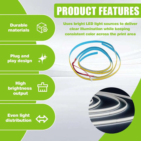 Product features of Two Pack LED Light Strip Kit For K2 Plus 3D Printer, showing durable materials and plug-and-play design.