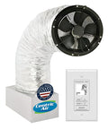High Airflow Ultra Quiet Whole House Fan Featuring Energy Savvy German Engineered Motor For No Sweat Attic Cooling And Smooth Sailing Whole Home Ventilation System with duct and control panel.