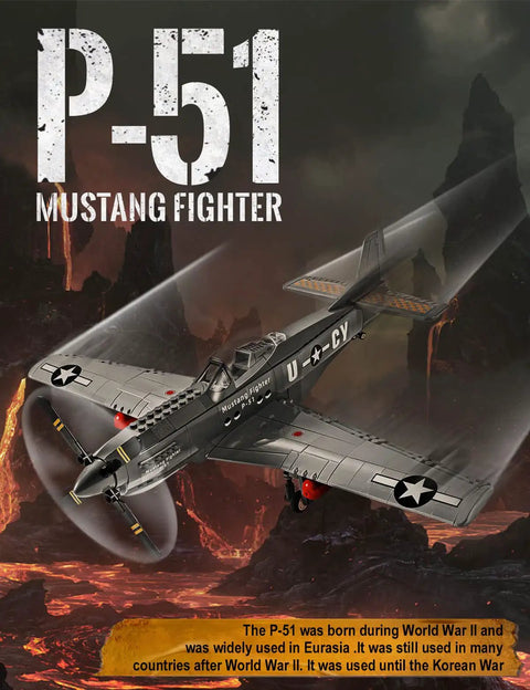 Illustration of P-51 Mustang fighter jet flying over a wartime landscape, highlighting its historical significance in World War II.
