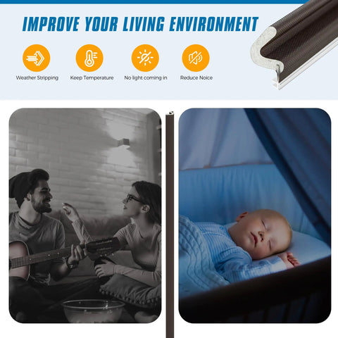 Slap On This Foolproof Door Weather Stripping To Kick Chilly Drafts To The Curb Featuring A Tight V Shaped Kerf Seal That Blocks Light Noise And Wind While Keeping Your Cozy Home Insulation Secure For 26 FT In Brown, dual image of couple and sleeping baby.