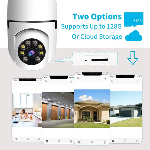 Plug In 3MP Indoor Security Camera With 360 Degree View showing phone app interface and storage options