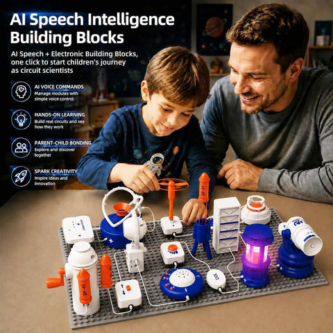 Science Kit For Kids Electronics Circuit Exploration Toy With 66 Pieces Includes Lights Fans Rockets And More Hands On STEM Learning That Sparks Creativity And Builds Real World Tech Skills For Curious Young Makers, boy and man building circuit