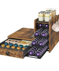 Coffee Pod Drawer Organizer, 4 Tier Holder For Vertuo, 72 Pod Capacity, featuring drawers, storage hooks and rustic design