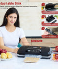 Person demonstrating 95kPa Vacuum Sealer Machine With Easy Lock Handle And Built In Cutter, placed on a kitchen counter with dimensions shown.