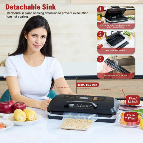 Person demonstrating 95kPa Vacuum Sealer Machine With Easy Lock Handle And Built In Cutter, placed on a kitchen counter with dimensions shown.