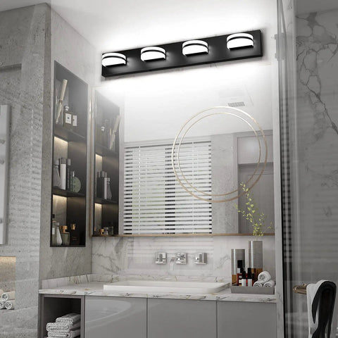 4 Light Dope Modern Black Vanity Light With Up And Down LED Bathroom Wall Fixture Over Mirror 6000K Daylight Rotatable 360 Degree Joint Acrylic Frosted Diffuser