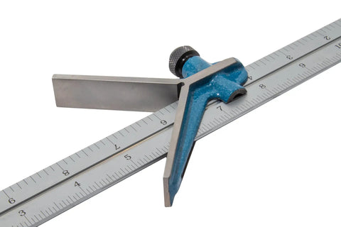 Dead Nuts Accurate 4 Piece Combination Square Set With 12 Inch Carbon Steel Blade Cast Iron Head, close-up of square resting on ruler.