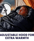 Person in XXL Winter Sleeping Bag For Adults And Kids With Compression Sack, Four Season Cold Weather Camping Gear, in tent