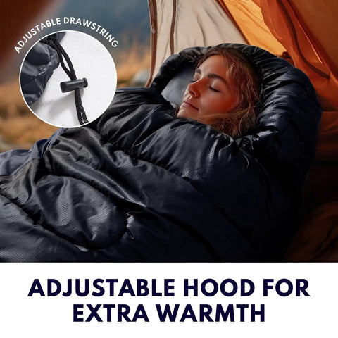 Person in XXL Winter Sleeping Bag For Adults And Kids With Compression Sack, Four Season Cold Weather Camping Gear, in tent