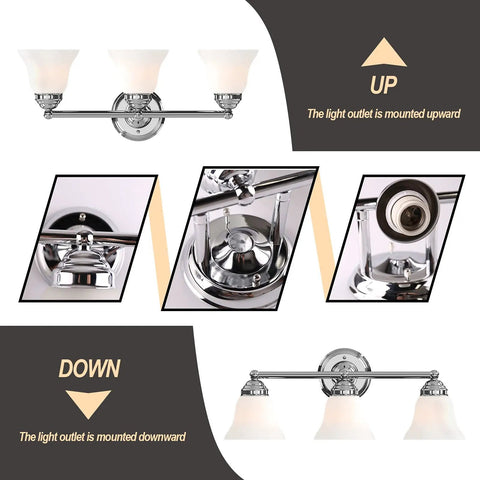 Dope Three Light Chrome Vanity Light Fixture With Frosted Glass Shades showing up and down mounting options