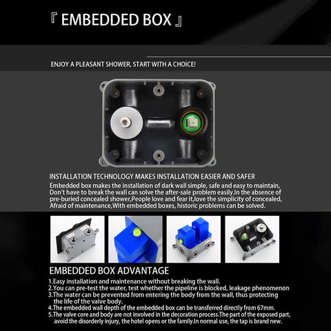 Heavy Duty Black Shower System With 12X8 Inch Rainfall Head Wall Mounted Tub And Shower Trim Kit Featuring 3 Mode Handheld Sprayer Rust Resistant Brass Build For Bathrooms showing embedded box technology for easy installation.